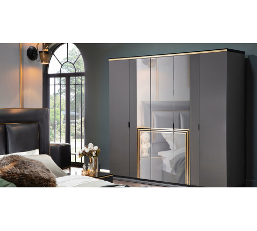 Пятистворчатый распашной шкаф для одежды и белья с зеркалом в спальню Carlino CARL-33 Пятистворчатый распашной шкаф для одежды и белья с зеркалом в спальню Carlino CARL-33